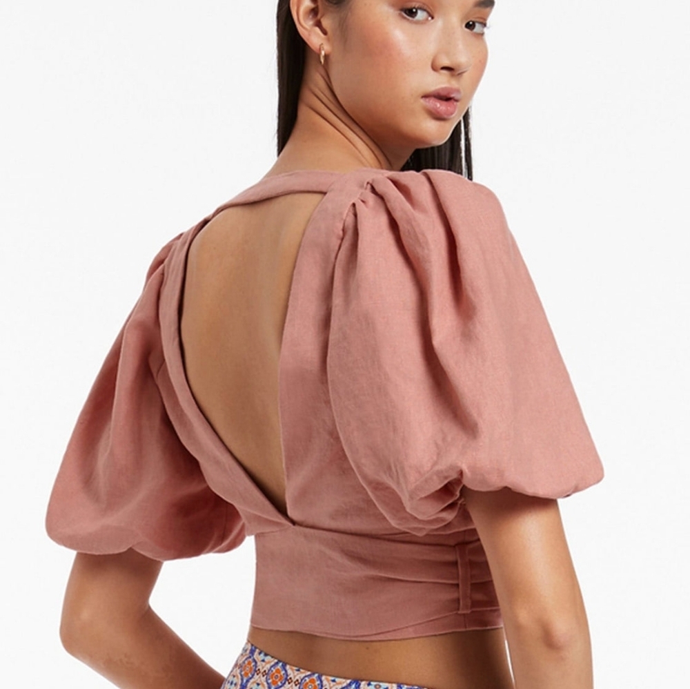 JETS AUSTRALIA NWT Linen Jetset Puff Sleeve Top Musk Small - Picture 2 of 8